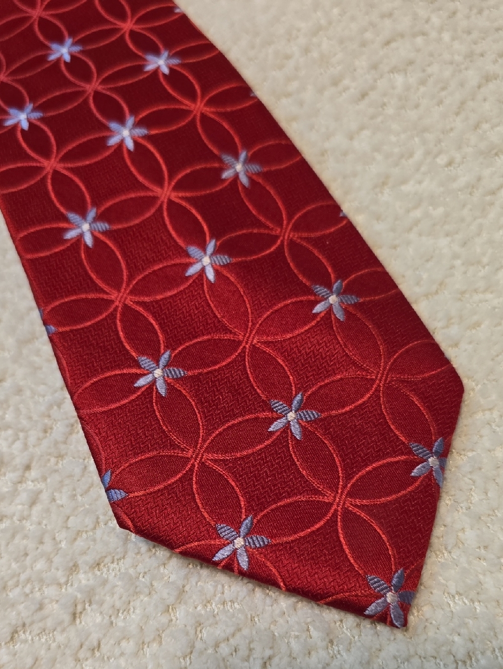 100 % Silk Ike Behar Red Tie with Light Blue Floral Motif